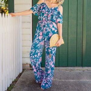 Lilly Pulitzer Emilea Jumpsuit Small Floral Cold Shoulder Pink Vacation Romper S